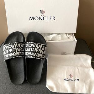 Moncler graffiti logo print slide sandals ( NEW)